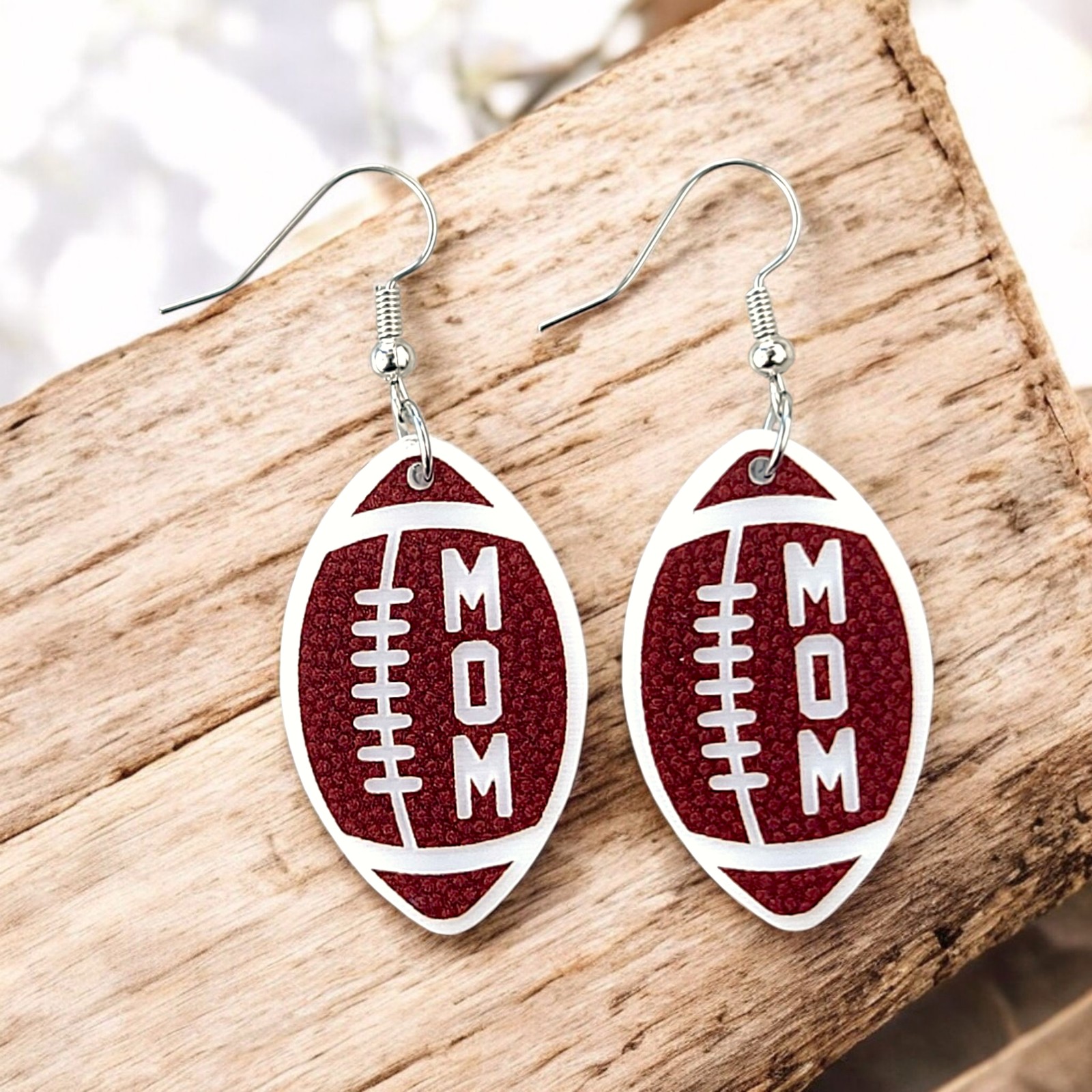 Football earrings engraved with MOM