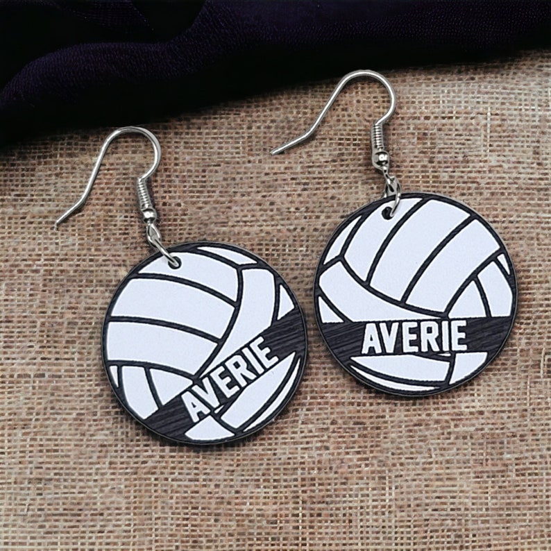 Personalized volleyball earrings made by The Messy Woodworker